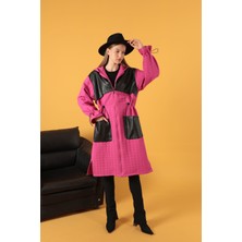 Deri Kumaş Garni Detay Jakar Kadın Trençkot-Fuşya