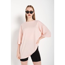 Drappe Drappe  Bisiklet Yaka Basic T-Shirt - Pudra