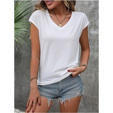 Drappe V Yaka Bel Boy T-Shirt - Beyaz