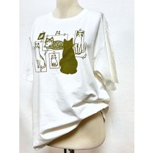Drappe Drappe  Bisiklet Yaka Kedi Baskılı T-Shirt - Ekru