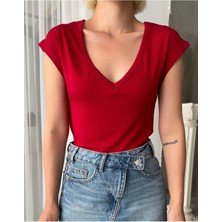 Drappe V Yaka Bel Boy T-Shirt - Kırmızı