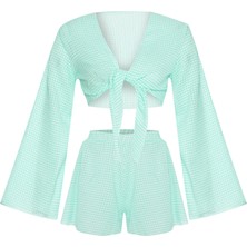 Pötikareli Mint Yeşili Crop Top-Şort Takım