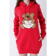 Intensive Genç Kız Kırmızı Ayıcıklı Desenli Kapüşonlu Pamuklu Sweatshirt