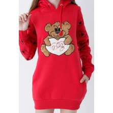 Intensive Genç Kız Kırmızı Ayıcıklı Desenli Kapüşonlu Pamuklu Sweatshirt