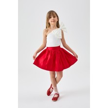 Kırmızı  Tek Omuzlu Fiyonk Detaylı Etek Crop Kız Çocuk Ikili Takım - Luisa