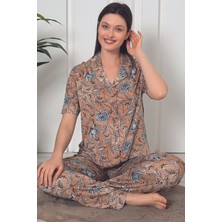 Intensive Collection Kısa Kollu Kahverengi Desenli Önden Düğmeli Kısa Kol Kadın Pijama Takımı