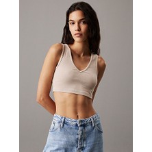 Calvin Klein Kadın Günlük Tarz Bej Rıb Bralette Kısa Kol Dokuma Malzeme Regular Fit