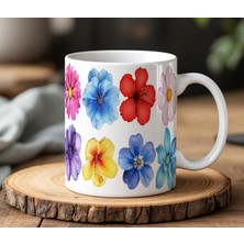 BB Design BB Desing Renkli Çiçekler Tasarımlı Beyaz Seramik Baskılı Kupa Bardak 330 ml