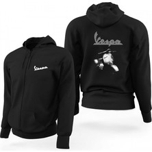 Vespa Scotter Siyah Fermuarlı Limited Edition Kapşonlu Sweatshirt