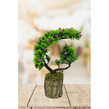 Yapay Çiçek Bonsai Ağacı Kütük Saksıda Lila Tomurcuklu Hilal Model Dekoratif Yapay Ağaç Bonzai 30*20 cm