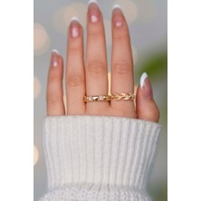 Sıra Taşlı Ayarlanabilir 2'li Kalp ve Taç Zarif Gold Kadın Yüzük