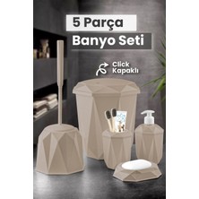 5 Parça Vanity Klik Kapaklı Banyo Seti - Dekoratif Çöp Kovası Diş Fırçalık Sabunluk Fırça Seti