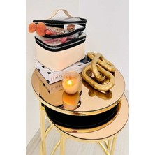 Teknotrust Kadın Makyaj Çantası Bej Deri Şeffaf Çift Bölmeli Seyehat Bavul Içi Düzenleyici Çantası