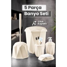 5 Parça Vanity Klik Kapaklı Banyo Seti - Dekoratif Çöp Kovası Diş Fırçalık Sabunluk Fırça Seti