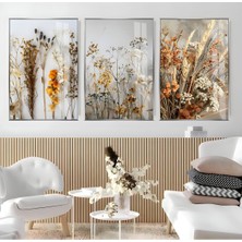 soft|canlı Renk Kuru Bitki Çiçek Kombini|çerçeveli Cam Tablo 3lü Dikey