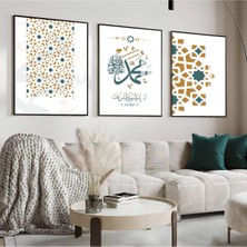 sarı-Turkuaz Islami Desen Hz. Muhammed Kombini |çerçeveli Cam Tablo  3lü Dikey