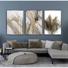 bej-Krem-Gold Bitki Desenli Soyut Kombini |çerçeveli Cam Tablo  3lü Dikey