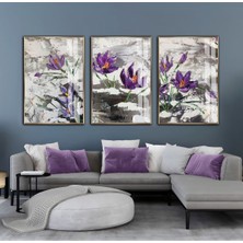 gri-Mor Çiçek Boyama Görünümlü Kombin|çerçeveli Cam Tablo  3lü Dikey