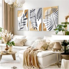 kahverengi-Krem Soft Yapraklı Bohem Seti |çerçeveli Cam Tablo 3lü Dikey