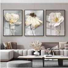 beyaz-Gold Papatya Çiçek Kombini |çerçeveli Cam Tablo  3lü Dikey