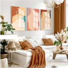 krem-Kahverengi Soyut Bohem Seti |çerçeveli Cam Tablo 3lü Dikey