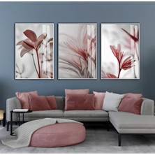 gül Kurusu Pembe Renk Soyut Çiçek Yaprak |çerçeveli Cam Tablo  3lü Dikey
