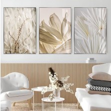 soft| Krem Bitki Yaprak Kombini (Palm) |çerçeveli Cam Tablo 3lü Dikey