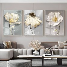 beyaz-Gold Papatya Çiçek Kombini |çerçeveli Cam Tablo  3lü Dikey