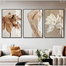 soft Turuncu-Beyaz-Krem Çiçekli Kombini 01|çerçeveli Cam Tablo  3lü Dikey