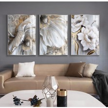 goldgri-Krem Çiçek Detaylı Kombini 02 |çerçeveli Cam Tablo  3lü Dikey