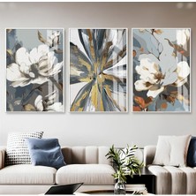 soft Gold-Beyaz-Gri Çiçek Desenli Kombini|çerçeveli Cam Tablo  3lü Dikey