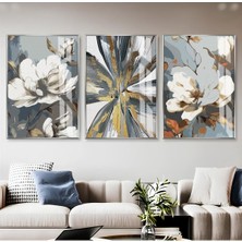soft Gold-Beyaz-Gri Çiçek Desenli Kombini|çerçeveli Cam Tablo  3lü Dikey