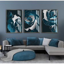 gümüş-Turkuaz Gül Kombini |çerçeveli Cam Tablo  3lü Dikey