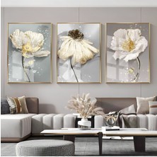 beyaz-Gold Papatya Çiçek Kombini |çerçeveli Cam Tablo  3lü Dikey