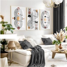 siyah-Gri-Turuncu Soyut Bohem Kombini|çerçeveli Cam Tablo 3lü Dikey