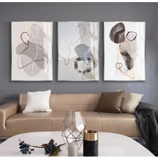 soft Bej-Gri-Krem Soyut Desenler Kombini |çerçeveli Cam Tablo  3lü Dikey