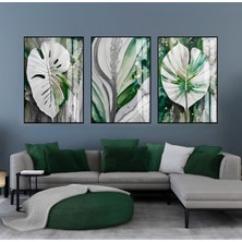 yeşil-Beyaz-Gri Yapraklar Kombini Iı |çerçeveli Cam Tablo  3lü Dikey
