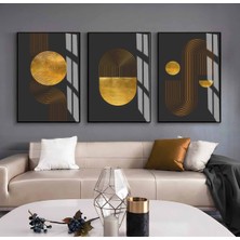 gold-Siyah Soyut Bohem Kombini|çerçeveli Cam Tablo  3lü Dikey