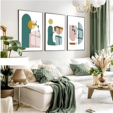 turkuaz-Hardal-Pudra Minimalist Bohem Seti 31 |çerçeveli Cam Tablo 3lü Dikey