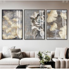 soft Krem-Gri Çiçek Yaprak Kombini |çerçeveli Cam Tablo  3lü Dikey