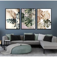 gri-Gold-Yeşil Soft Yapraklar Kombini  |çerçeveli Cam Tablo  3lü Dikey