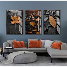 koyu Turuncu-Gri Yapraklar Kombini |çerçeveli Cam Tablo  3lü Dikey
