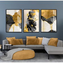 gri-Gold-Siyah Soyut Çiçek Kombini |çerçeveli Cam Tablo  3lü Dikey