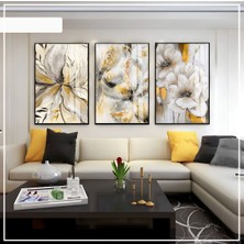 beyaz-Siyah-Gold Soft Renk Soyut Çiçek Kombini 02 |çerçeveli Cam Tablo 3lü Dikey