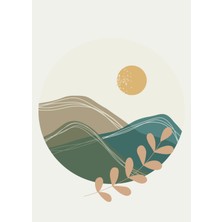 soft Renkler Minimalist Yaprak-Ay Manzara Kombini|çerçeveli Cam Tablo 3lü Dikey