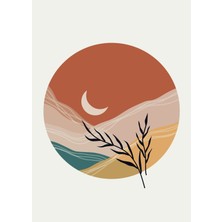 soft Renkler Minimalist Yaprak-Ay Manzara Kombini|çerçeveli Cam Tablo 3lü Dikey