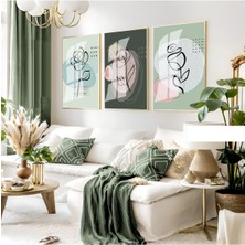 yeşil Tonlar Minimalist Gül Çizimli Set|çerçeveli Cam Tablo 3lü Dikey