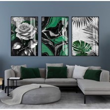 yeşil-Gri Soyut Yapraklı Gül Kombini|çerçeveli Cam Tablo  3lü Dikey
