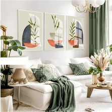 gri-Mavi-Pembe Soft Bohem Yapraklı Seti |çerçeveli Cam Tablo 3lü Dikey