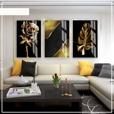 siyah-Gold Soft Renk Soyut Gül Yaprak Seti 01 |çerçeveli Cam Tablo 3lü Dikey